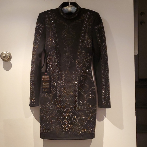 NWT -Bebe Black Synthetic Studded Jaquard Dress - Picture 5 of 7